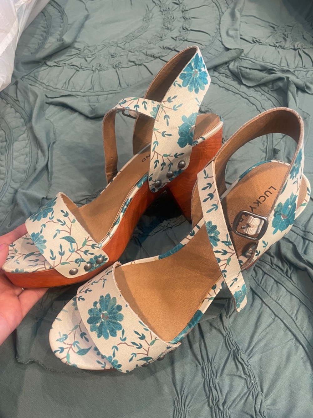 Lucky Brand Cream Platform Sandals with Teal Floral Print